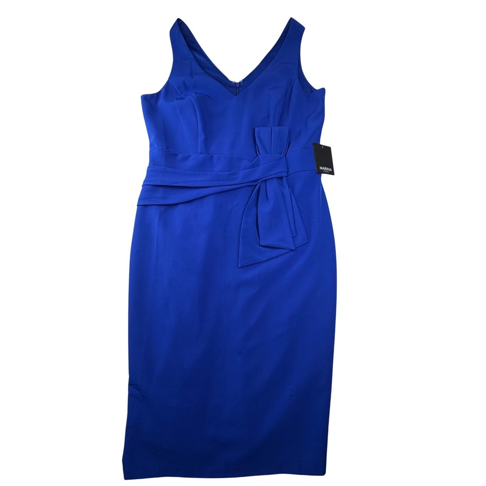 Marina Womens Cobalt Blue V-Neck Bow Waist Sheath Dress 264480 Size 12 NWT